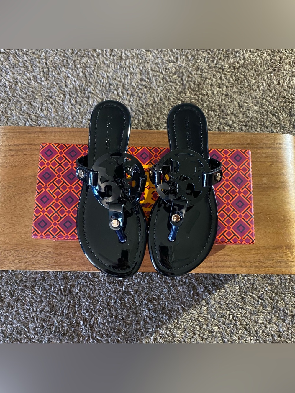 Tory Burch Black Patent Logo Thong Sandals with Gold Accent